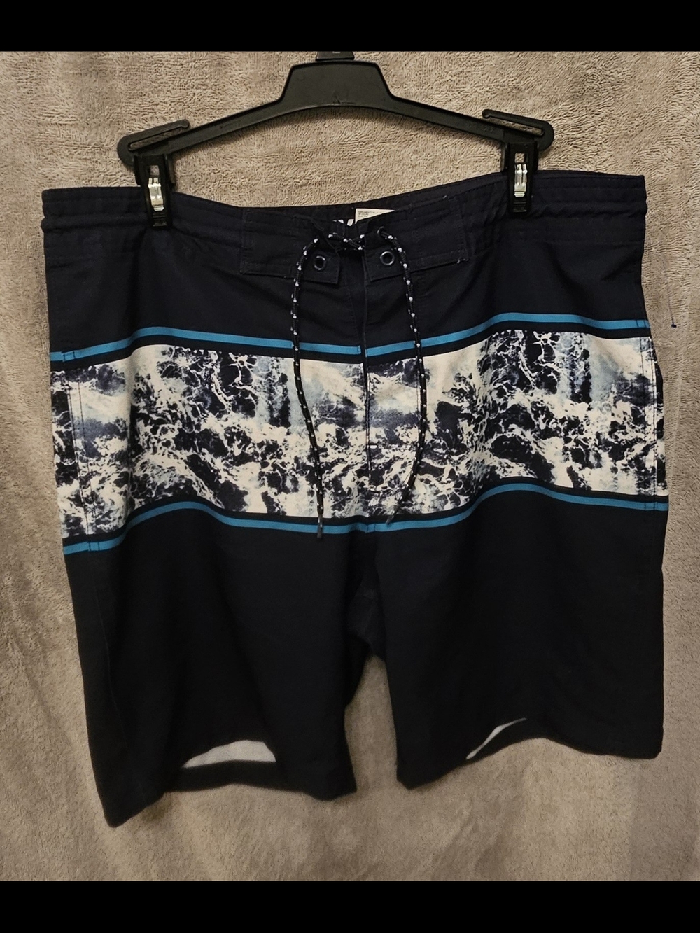 Old Navy Navy Swim Board Shorts with White Wave Panel and Teal Stripes